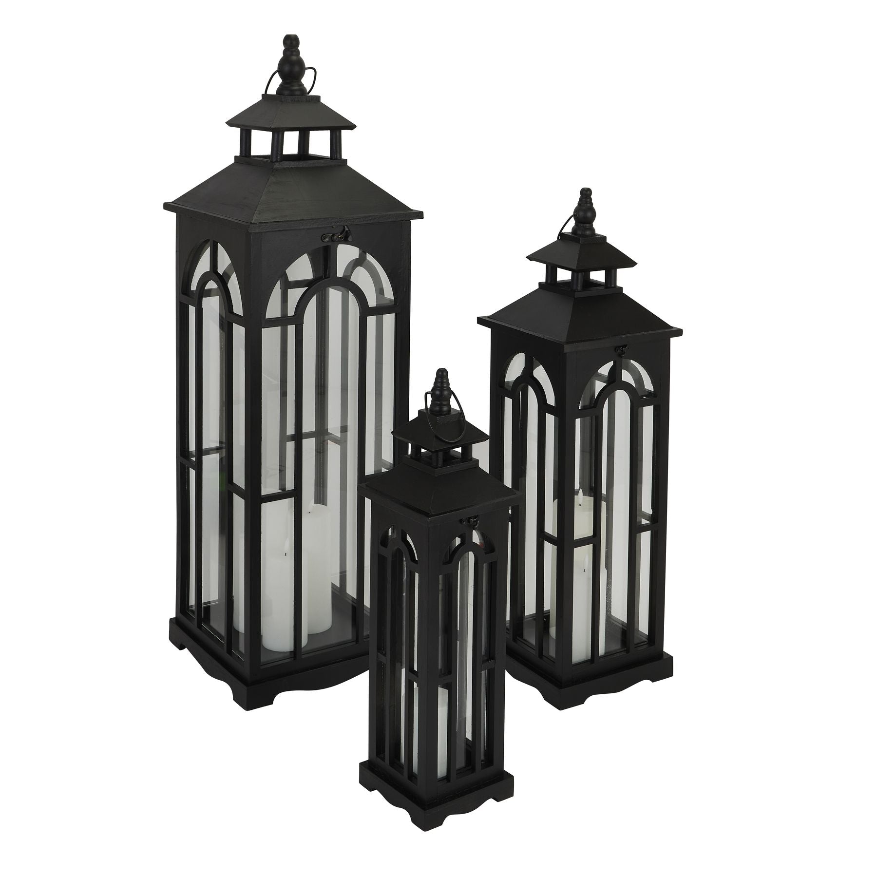 Set Of 3 Black Window Style Lanterns With Open Top