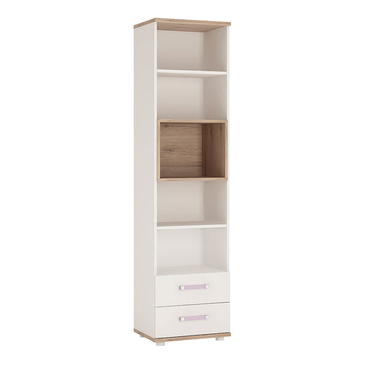 4Kids  Tall 2 Drawer Bookcase in Light Oak and white High Gloss (lilac handles)