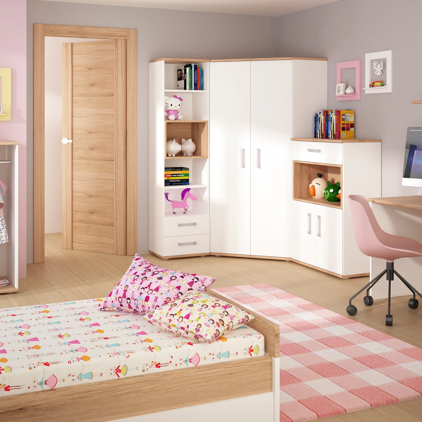 4Kids  Corner Wardrobe in Light Oak and white High Gloss (opalino handles)