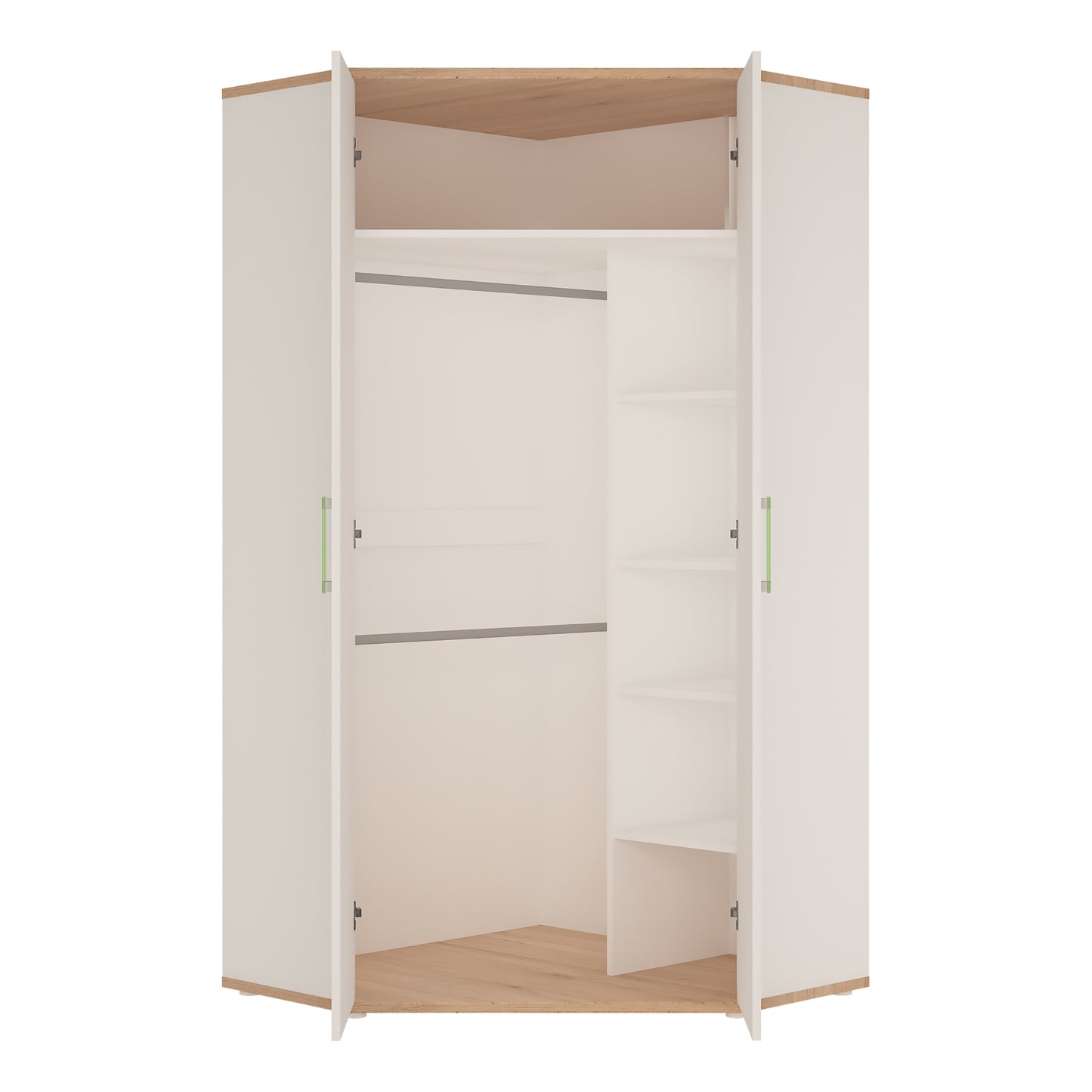 4Kids  Corner Wardrobe in Light Oak and white High Gloss (lemon handles)