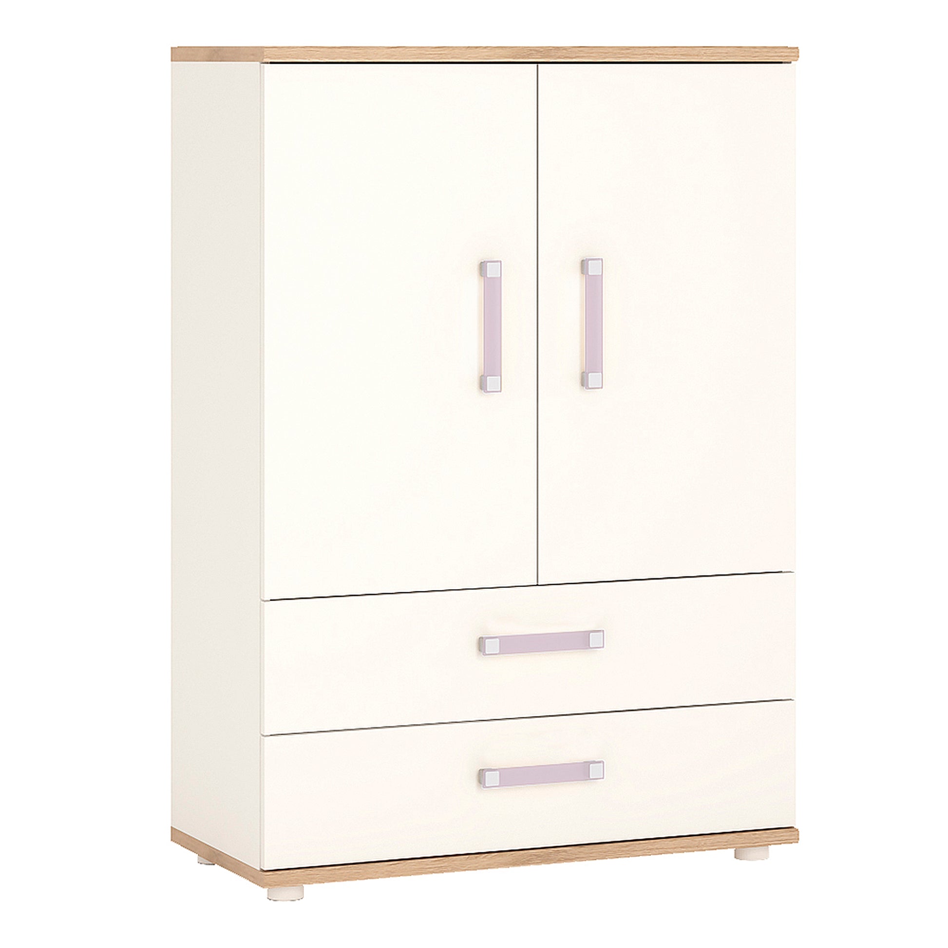 4Kids  2 Door 2 Drawer Cabinet in Light Oak and white High Gloss (lilac handles)