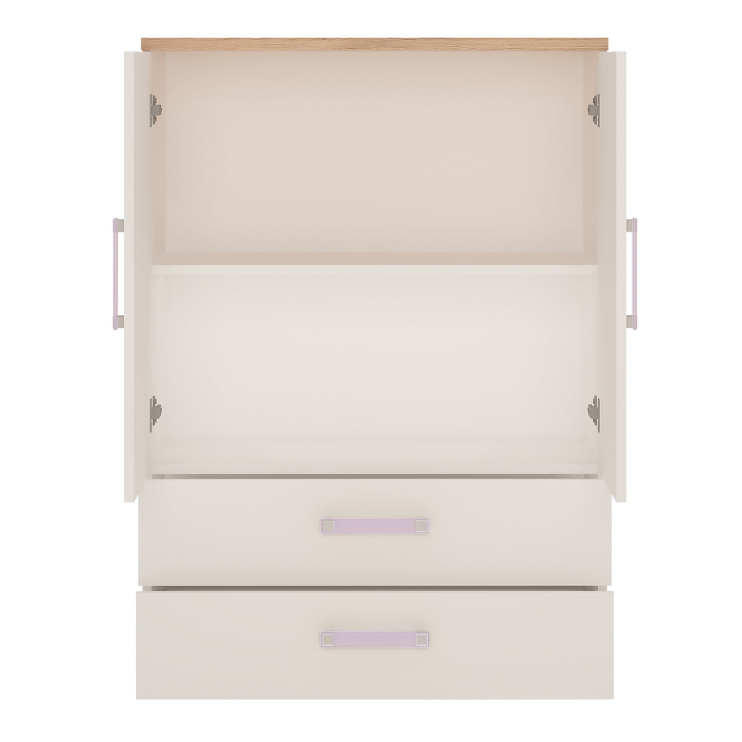 4Kids  2 Door 2 Drawer Cabinet in Light Oak and white High Gloss (lilac handles)