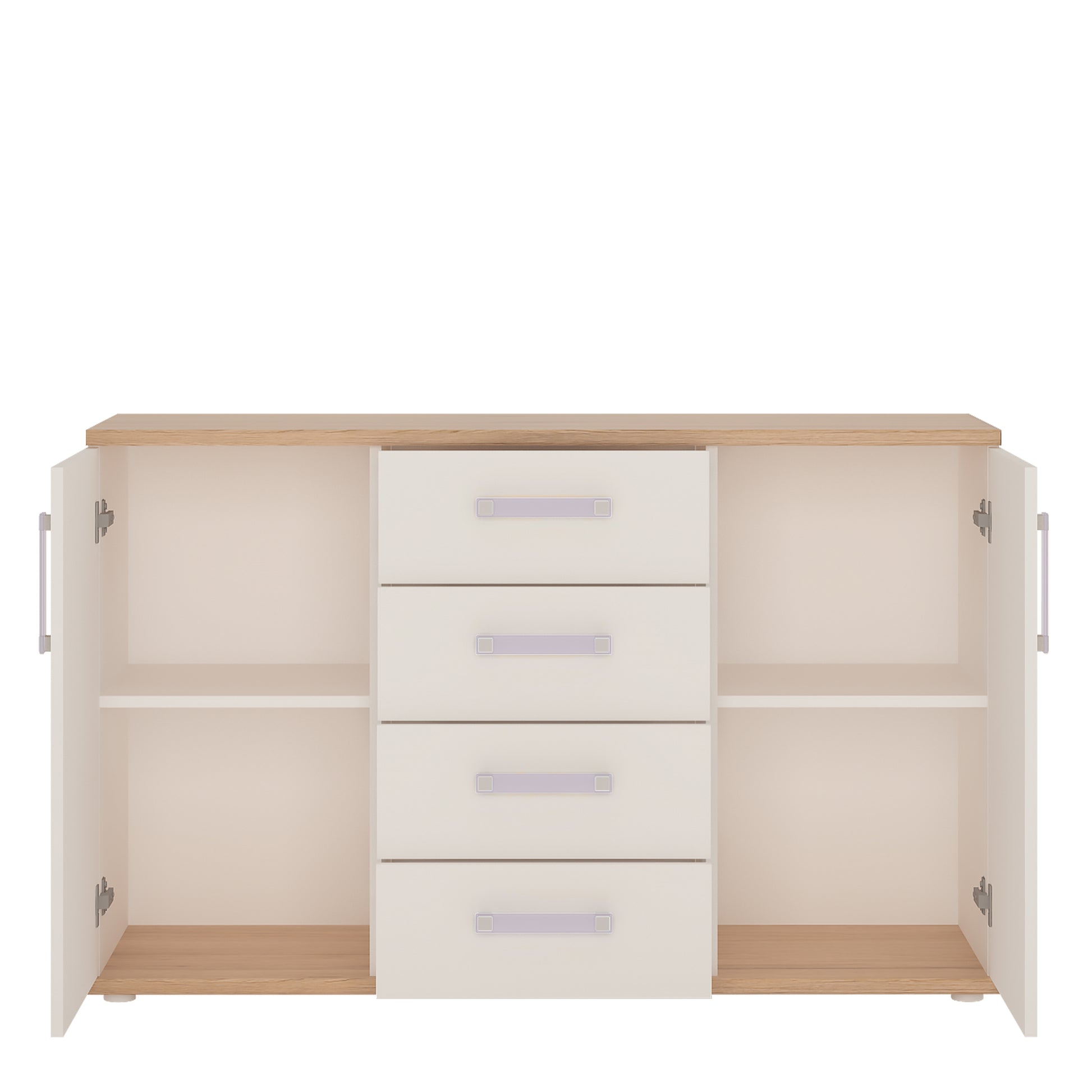 4Kids  2 Door 4 Drawer Sideboard in Light Oak and white High Gloss (lilac handles)