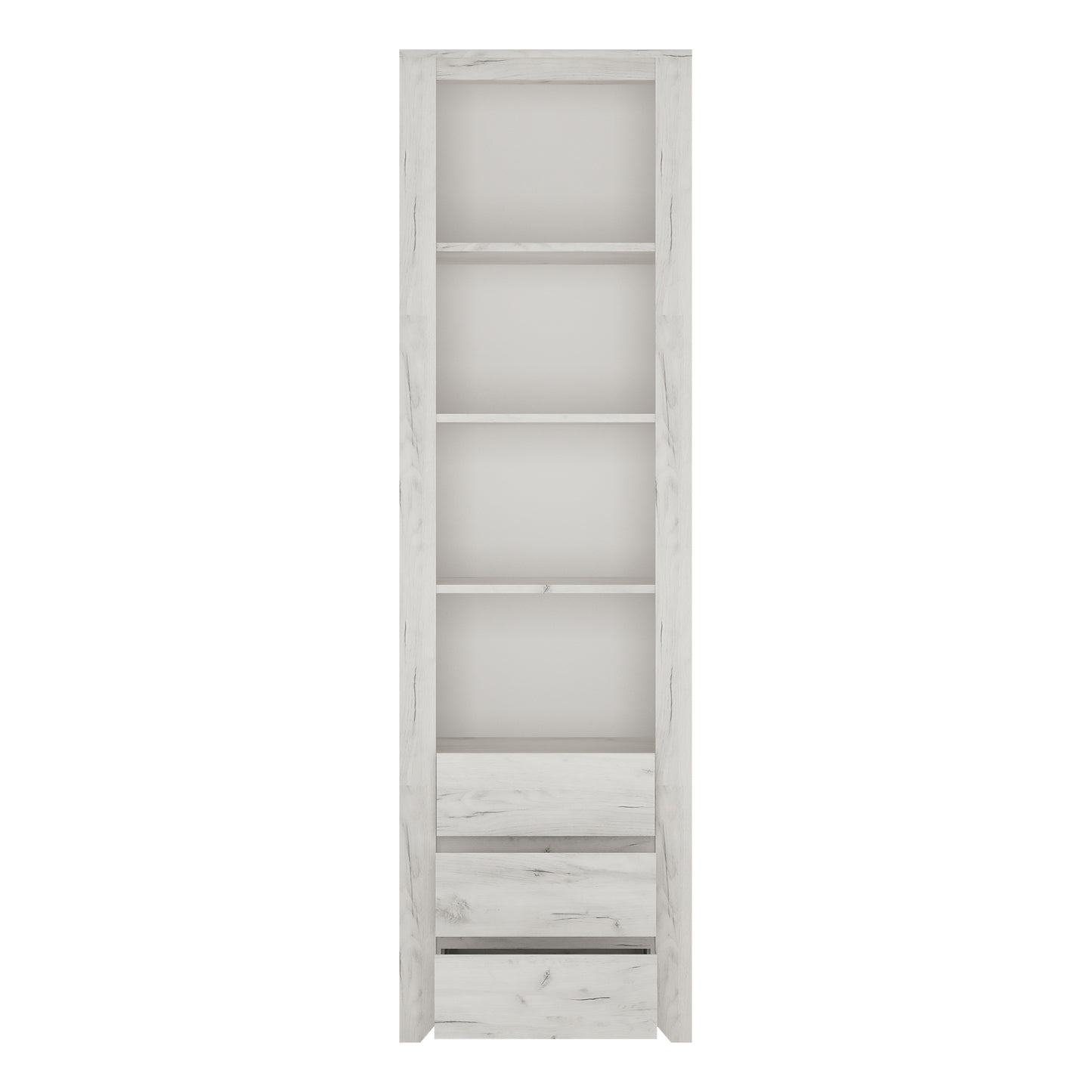 Angel  Tall Narrow 3 Drawer Bookcase in White Craft Oak