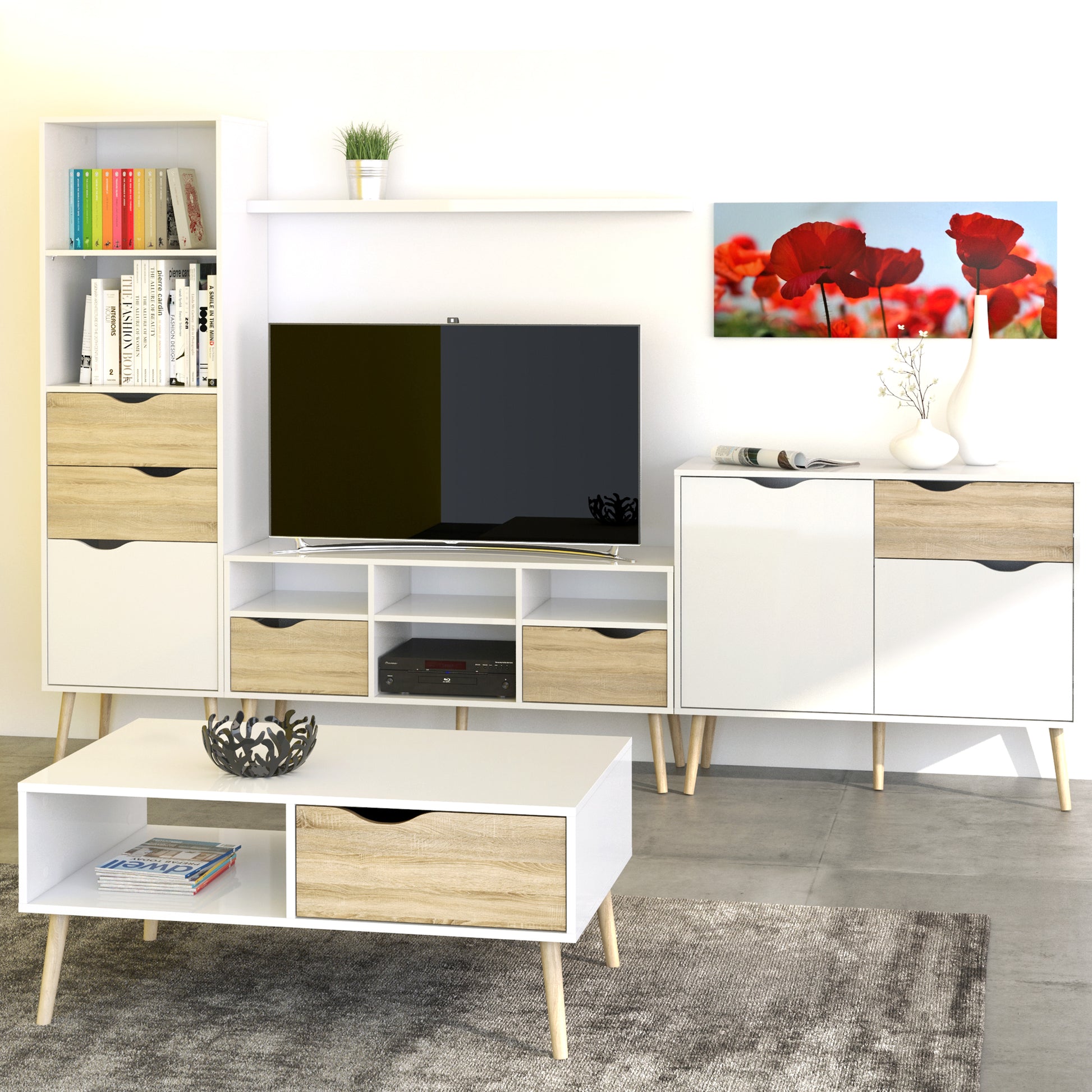 Oslo  Bookcase 2 Drawers 1 Door in White and Oak