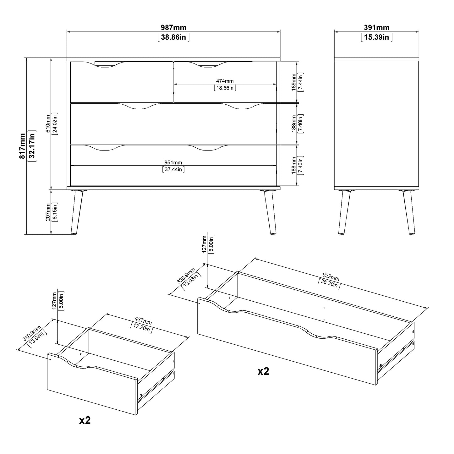 Oslo  Chest of 4 Drawers (2+2) in Black and Oak