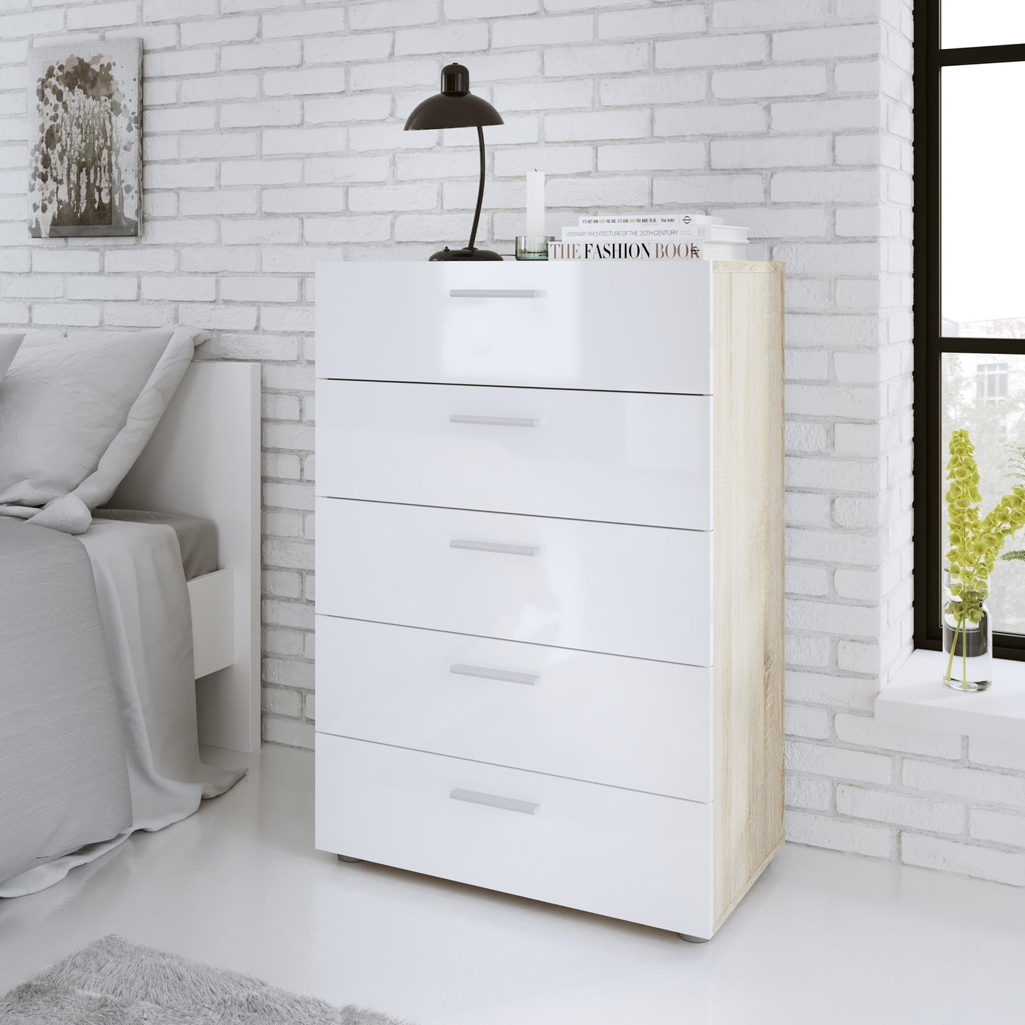 Pepe  Chest of 5 Drawers in Oak with White High Gloss