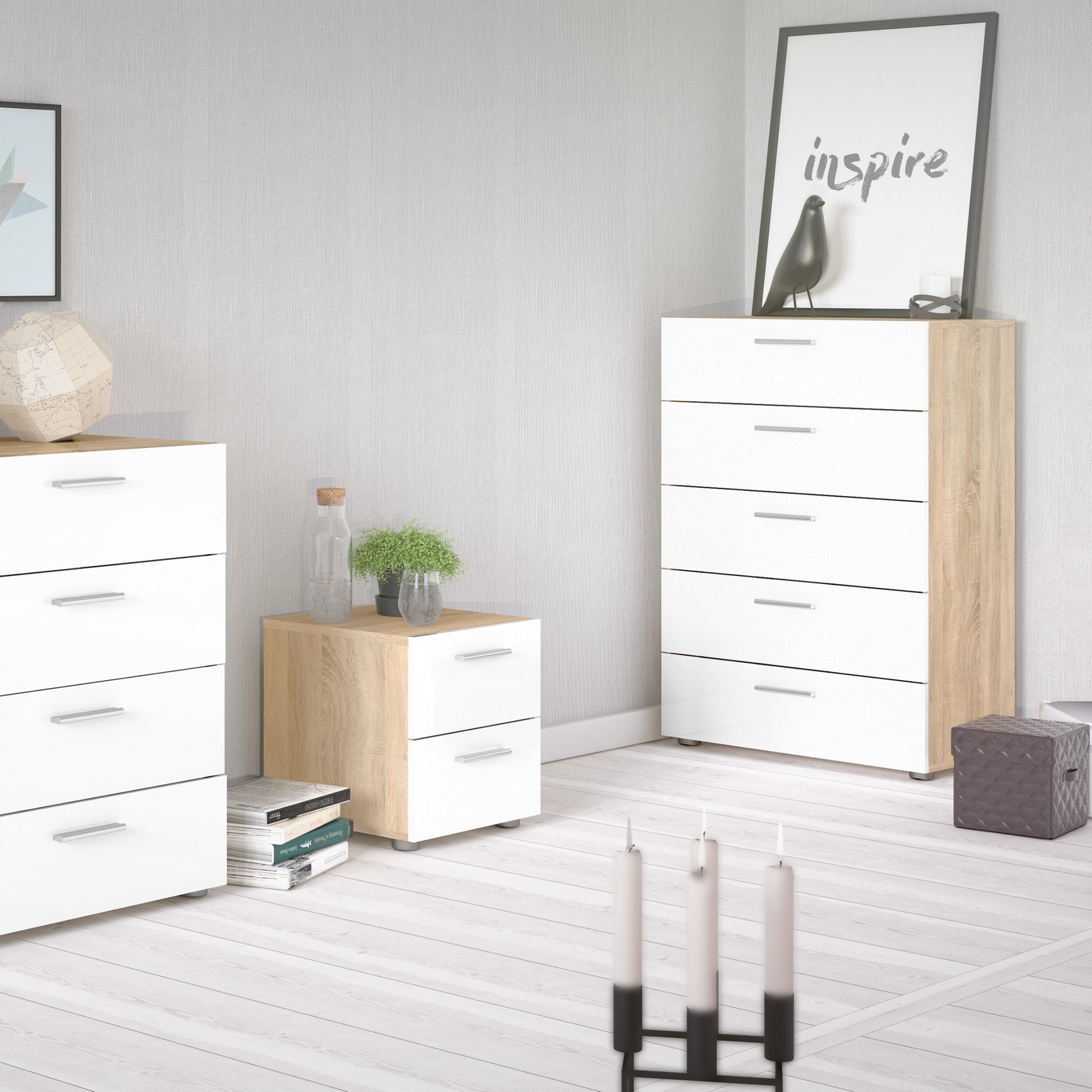 Pepe  Chest of 5 Drawers in Oak with White High Gloss