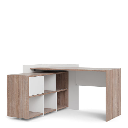 Function Plus  Unit Desk with 6 Shelf Bookcase in White and Truffle Oak