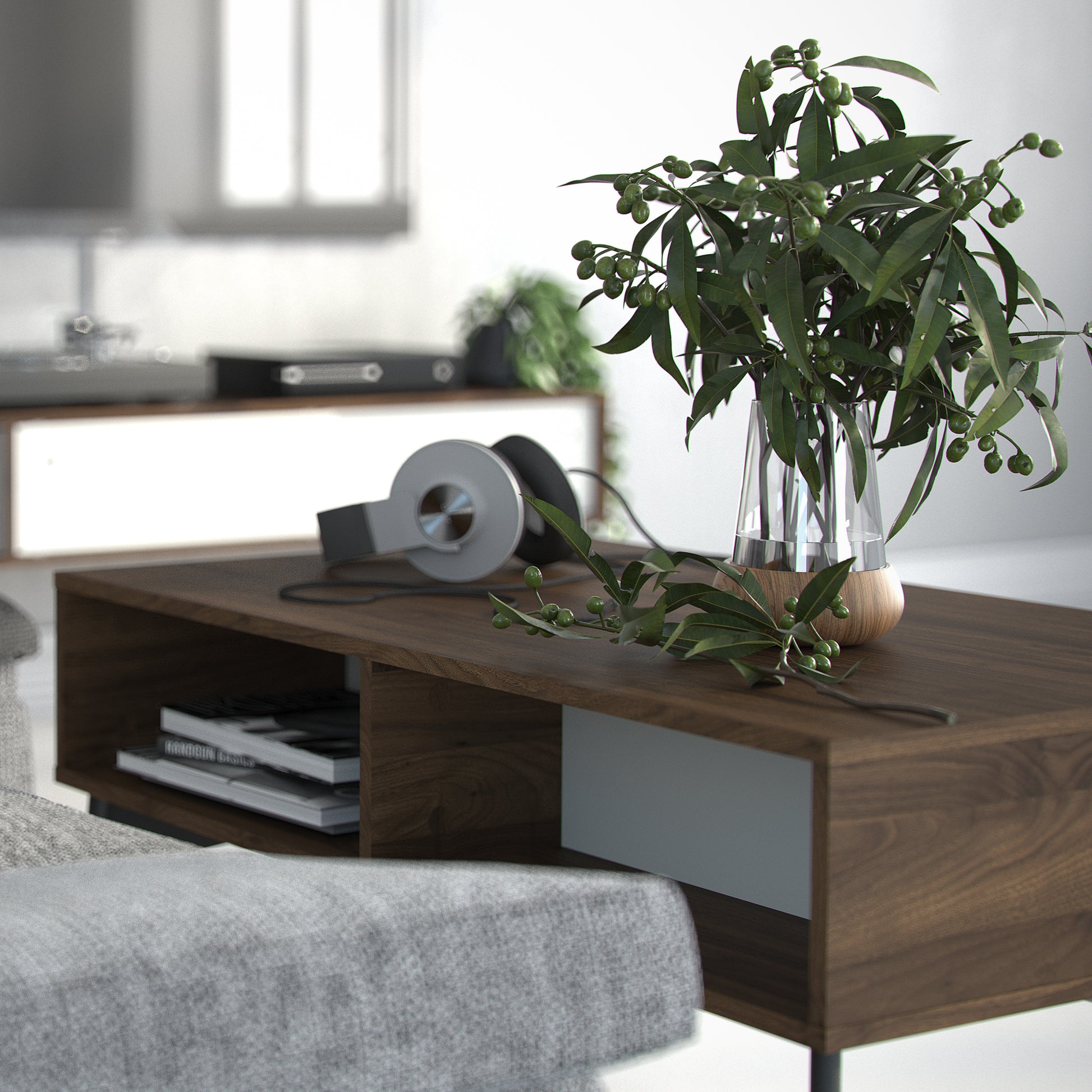 Fur  Coffee table with 1 Drawer in Grey, White and Walnut